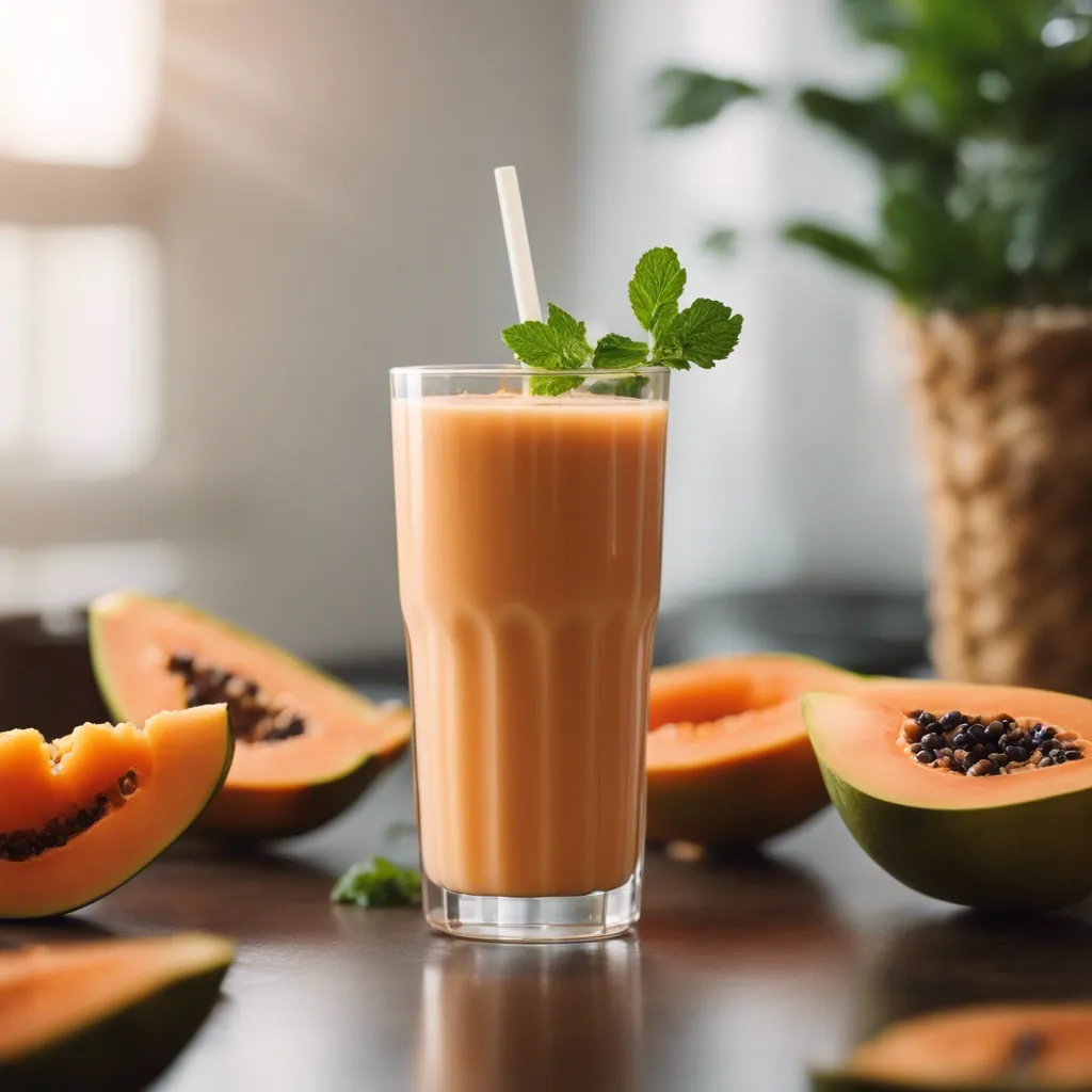 Papaya Smoothie in a tall glass with a clear straw garnished with mint, and papaya in the background.