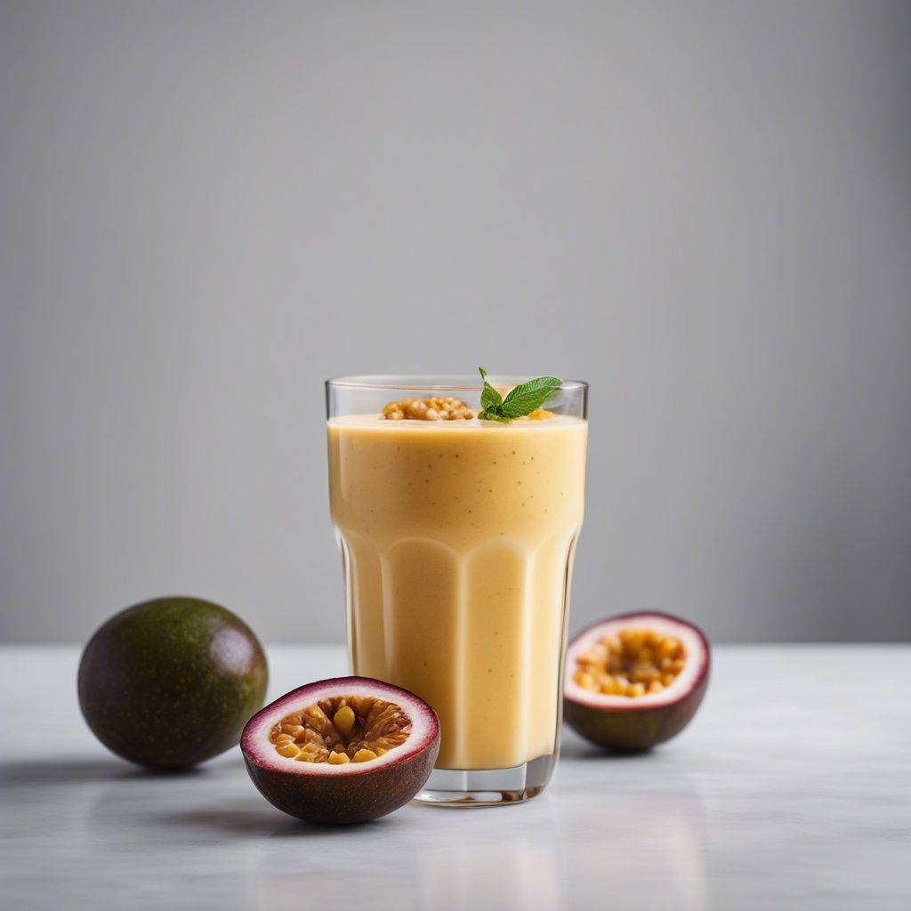 A creamy passionfruit smoothie in a tall glass, garnished with a sprig of mint and passionfruit seeds on top, with whole and halved passionfruits to the side