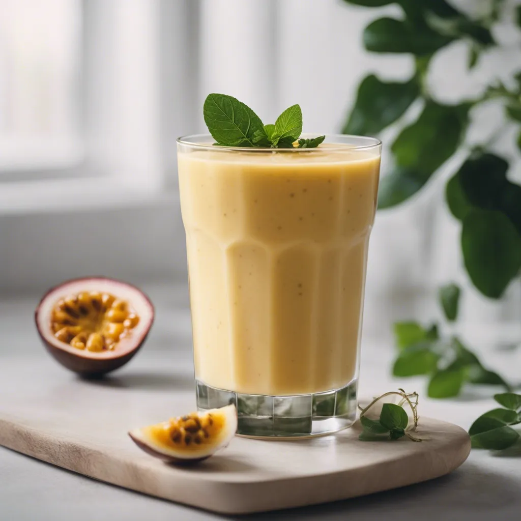 A velvety passionfruit smoothie in a glass on a wooden board, decorated with a mint leaf, with passionfruit halves and green leaves in the soft background