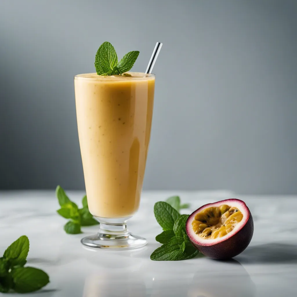 A tall glass of passionfruit smoothie with a metal straw, garnished with a sprig of mint, beside a halved passionfruit and scattered mint leaves on a marbled surface