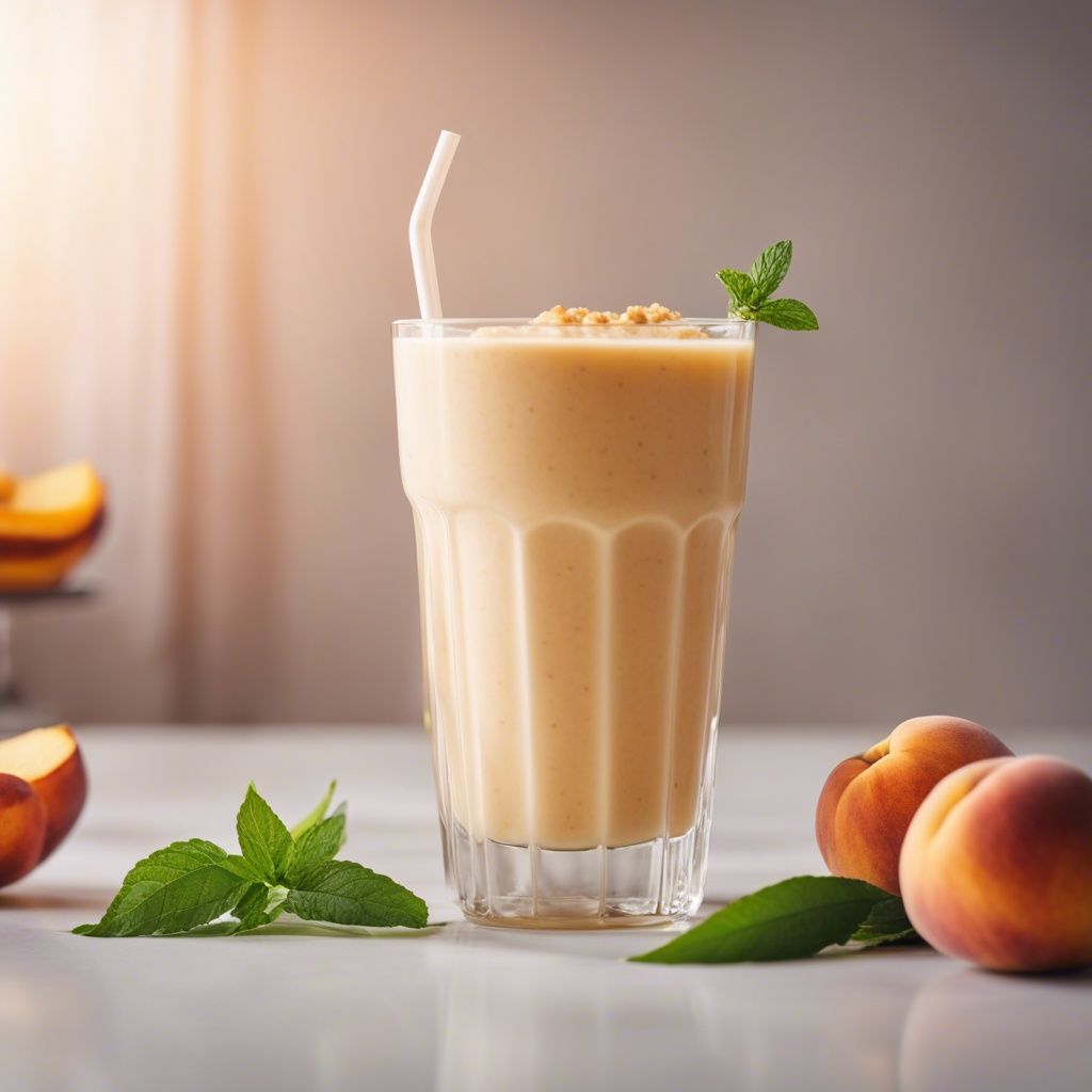 A beautiful tall glass of Peach Banana Smoothie garnished with granola and small mint leaves with two whole peaches next to the glass and additional mint.