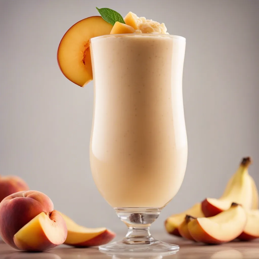 A close up photo of a tall glass of Peach Banana Smoothie garnished with slices of banana and surrounded by bananas and peach slices.