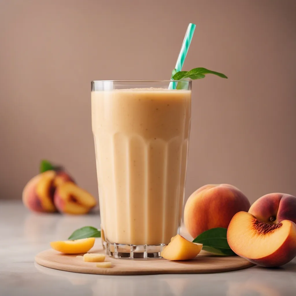 A tall glass of Peach Banana Smoothie garnished with a blue straw in the glass and surrounded by bananas and peach slices and whole peaches.