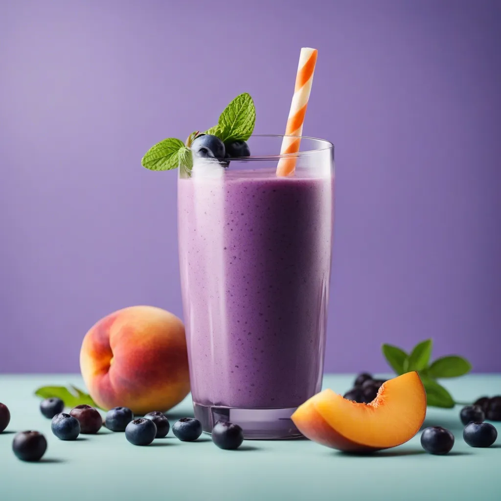 A vibrant peach blueberry smoothie in a tall glass, garnished with a peach
slice