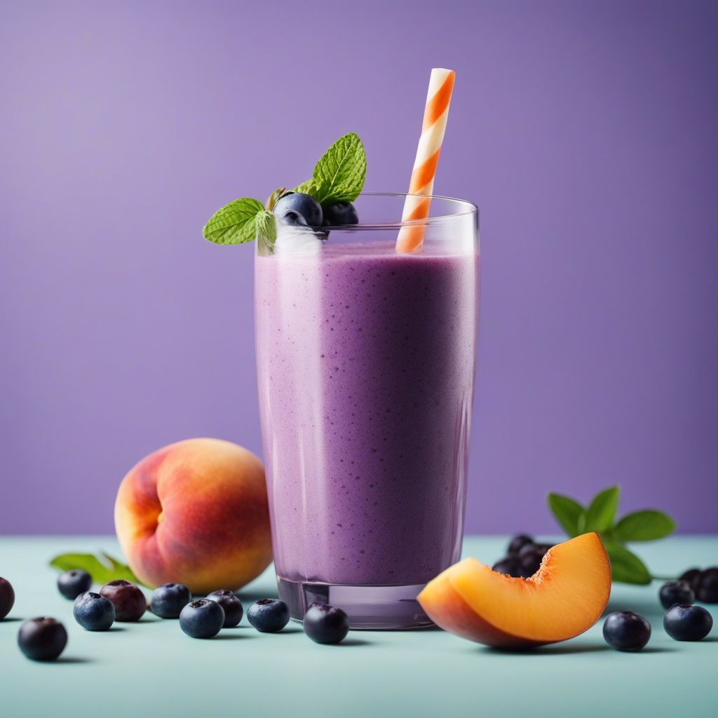 A vibrant peach blueberry smoothie in a tall glass, garnished with a peach slice