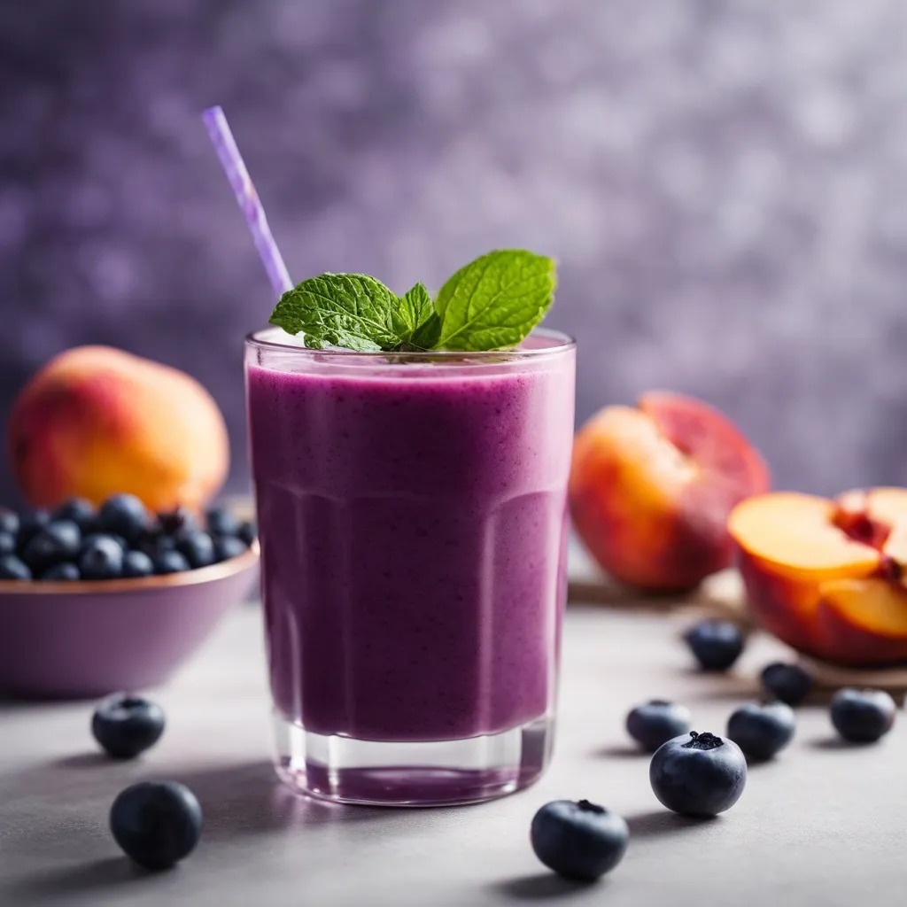 A vibrant peach blueberry smoothie in a tall glass, garnished with a peach slice and a bowl of blueberries in the backdrop