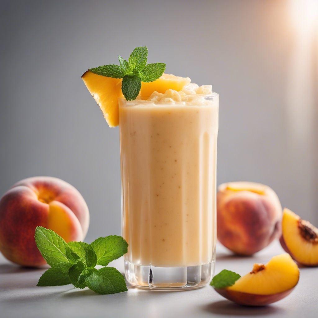 A tall glass of peach pineapple smoothie garnished with a peach slice and mint, with whole peaches in the background