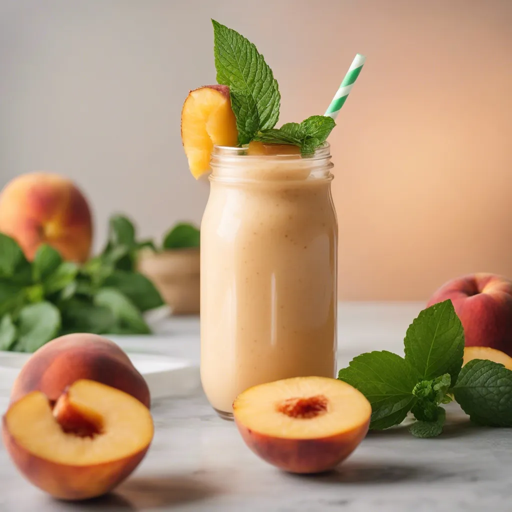 A mason jar filled with peach pineapple smoothie with a green striped straw, garnished with a peach slice and mint, surrounded by fresh peaches on a marble countertop