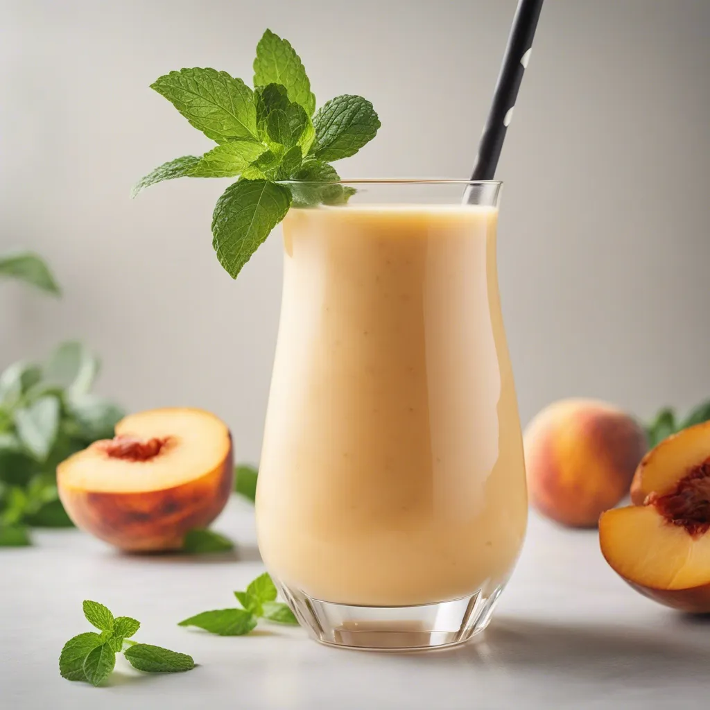 A glass of peach pineapple smoothie with a black straw, garnished with mint, with peach halves and mint leaves around it