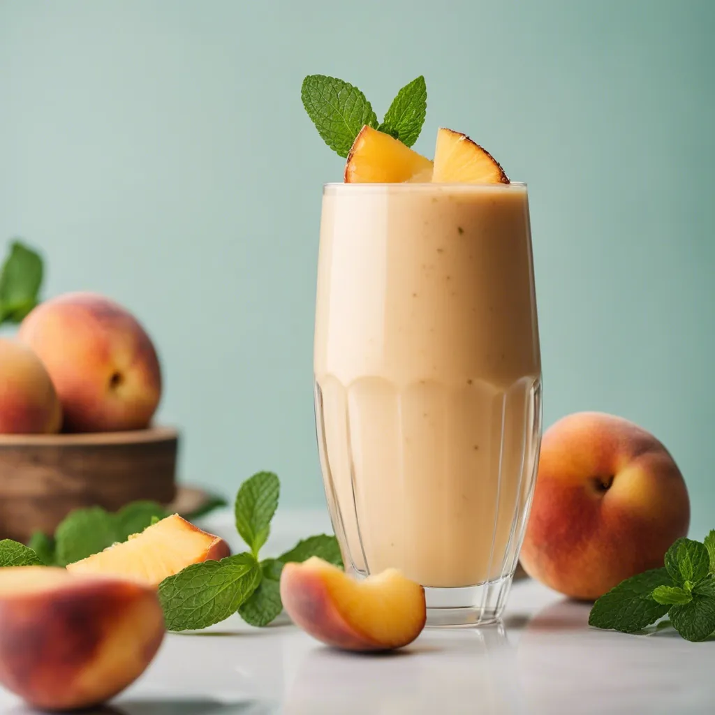 A peach pineapple smoothie in a tall glass, garnished with pineapple and mint leaves, with fresh peaches and mint around on a light green surface