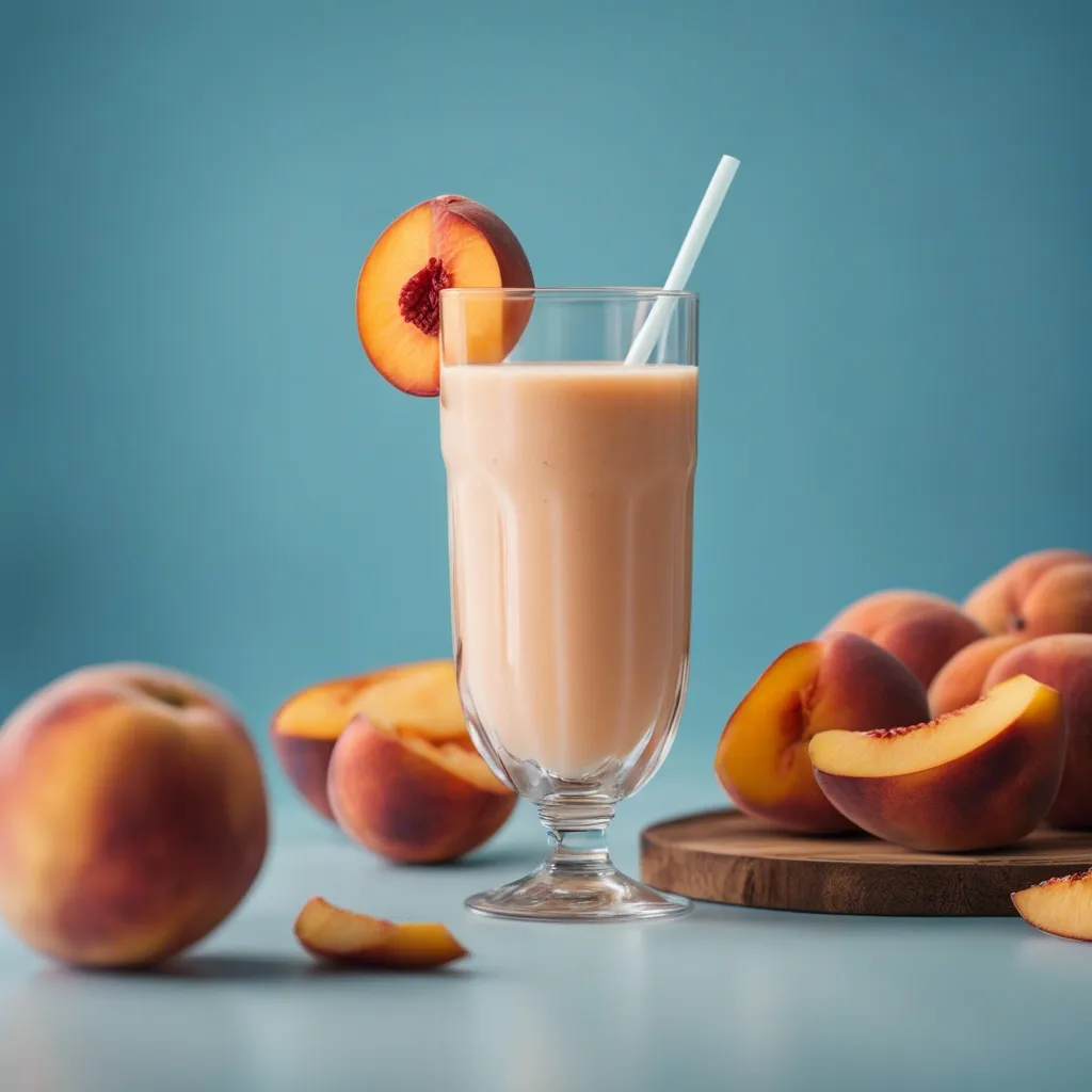 A vibrant peach smoothie in a glass, topped with sliced peach