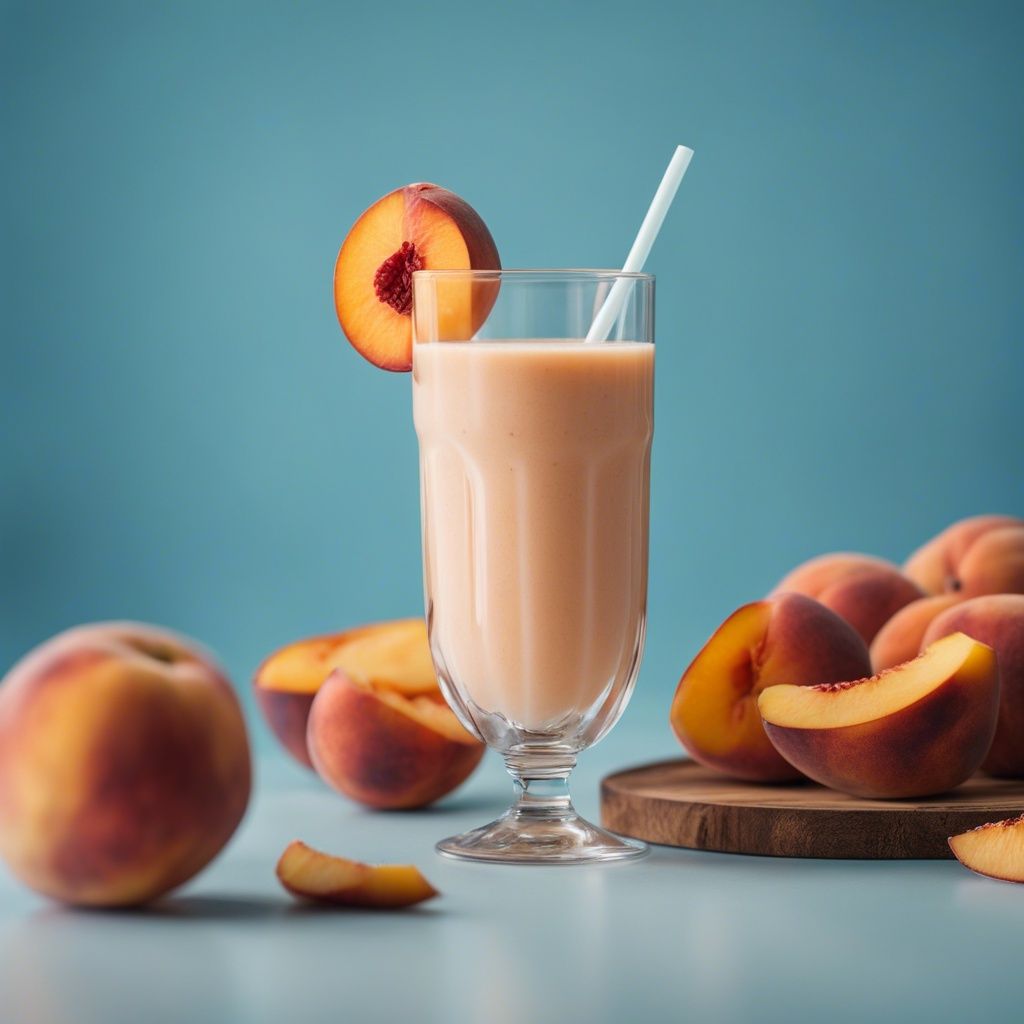 A vibrant peach smoothie in a glass, topped with sliced peach