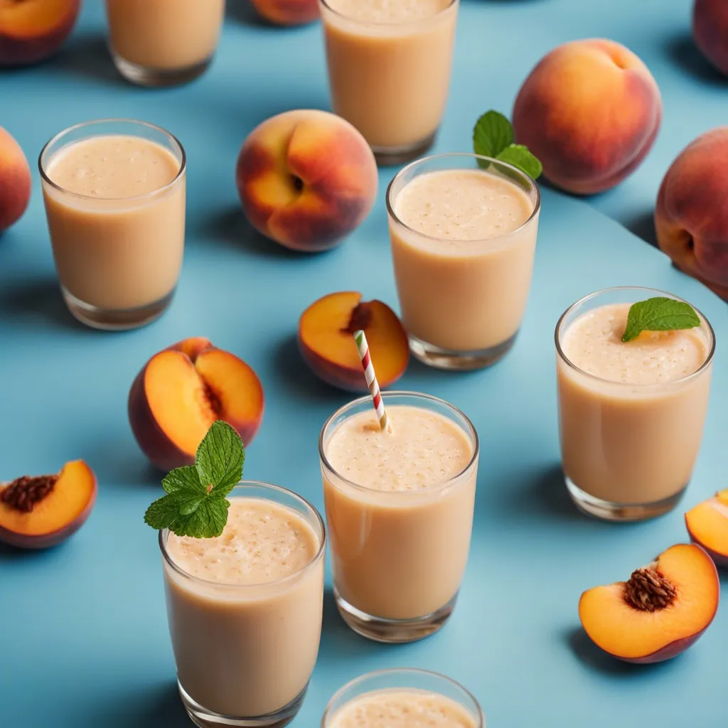 An overhead shot of multiple peach smoothies, with mint for garnish.