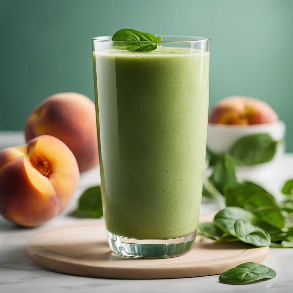 A velvety peach spinach smoothie in a clear glass topped with fresh basil, with ripe peaches in the background, on a light wooden surface, offering a blend of fruity and leafy flavors.