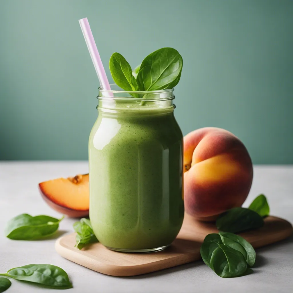 A creamy peach spinach smoothie in a mason jar with a pink straw, garnished with a basil leaf, on a wooden coaster with fresh peaches and spinach leaves around, creating a refreshing and healthy look.