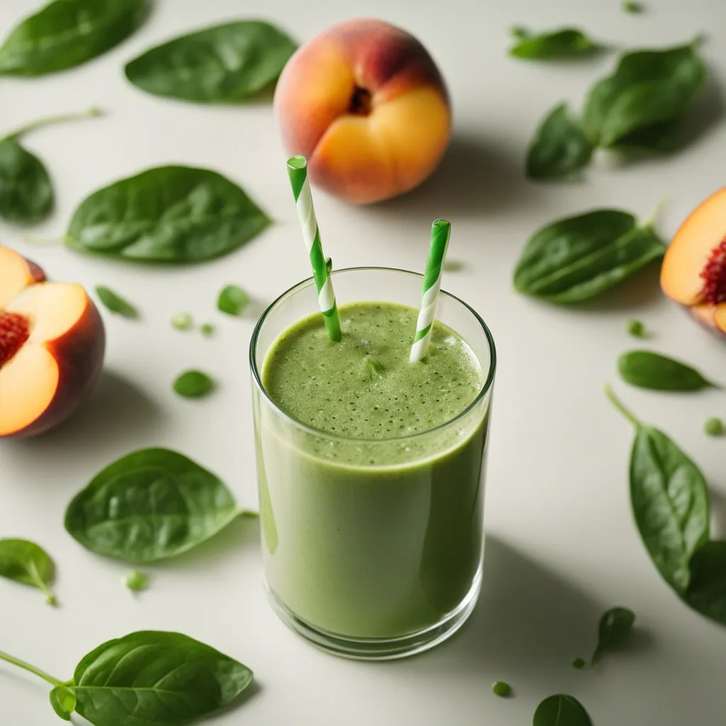 A refreshing peach spinach smoothie in a clear glass with two green striped straws, surrounded by fresh spinach leaves and peach slices on a white surface, perfect for a nutritious drink option.