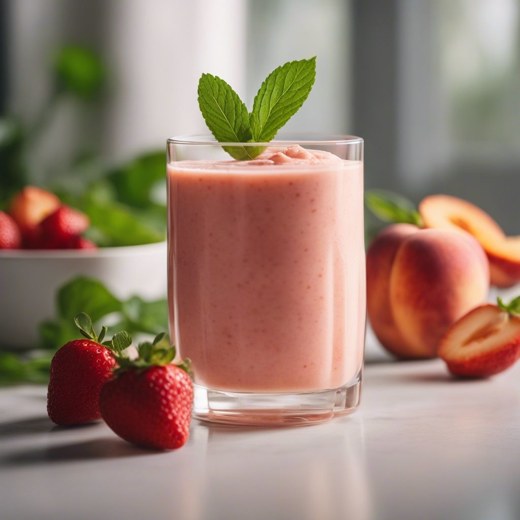 A beautiful glass of Peach Strawberry smoothie garnished with mint and surrounded by strawberries and peaches.