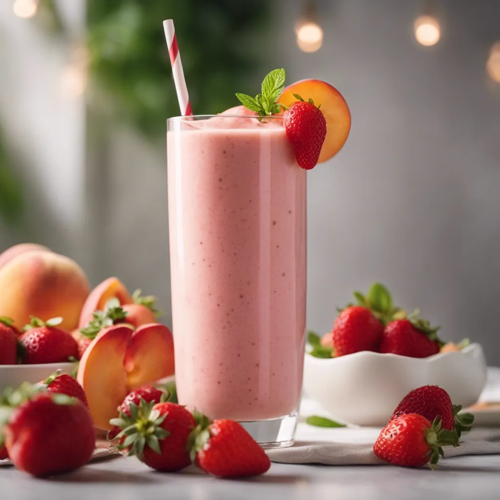 A tall glass of Peach Strawberry smoothie garnished with mint, strawberry and a slice of peach with more fresh fruits in the background.