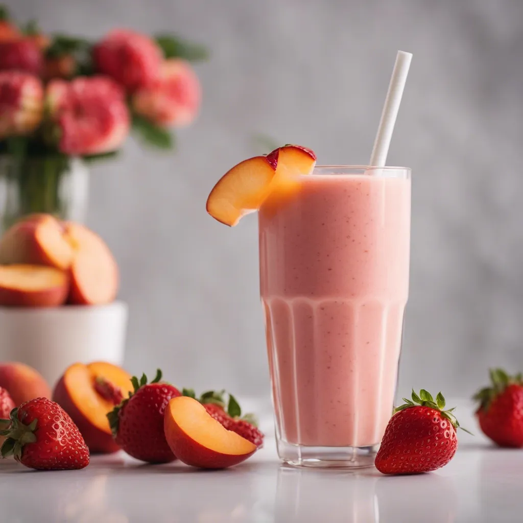 A tall glass of Peach Strawberry smoothie garnished with a slice of peach. The glass is surrounded by fresh strawberries and peaches and there are fresh roses in the background of the photo.