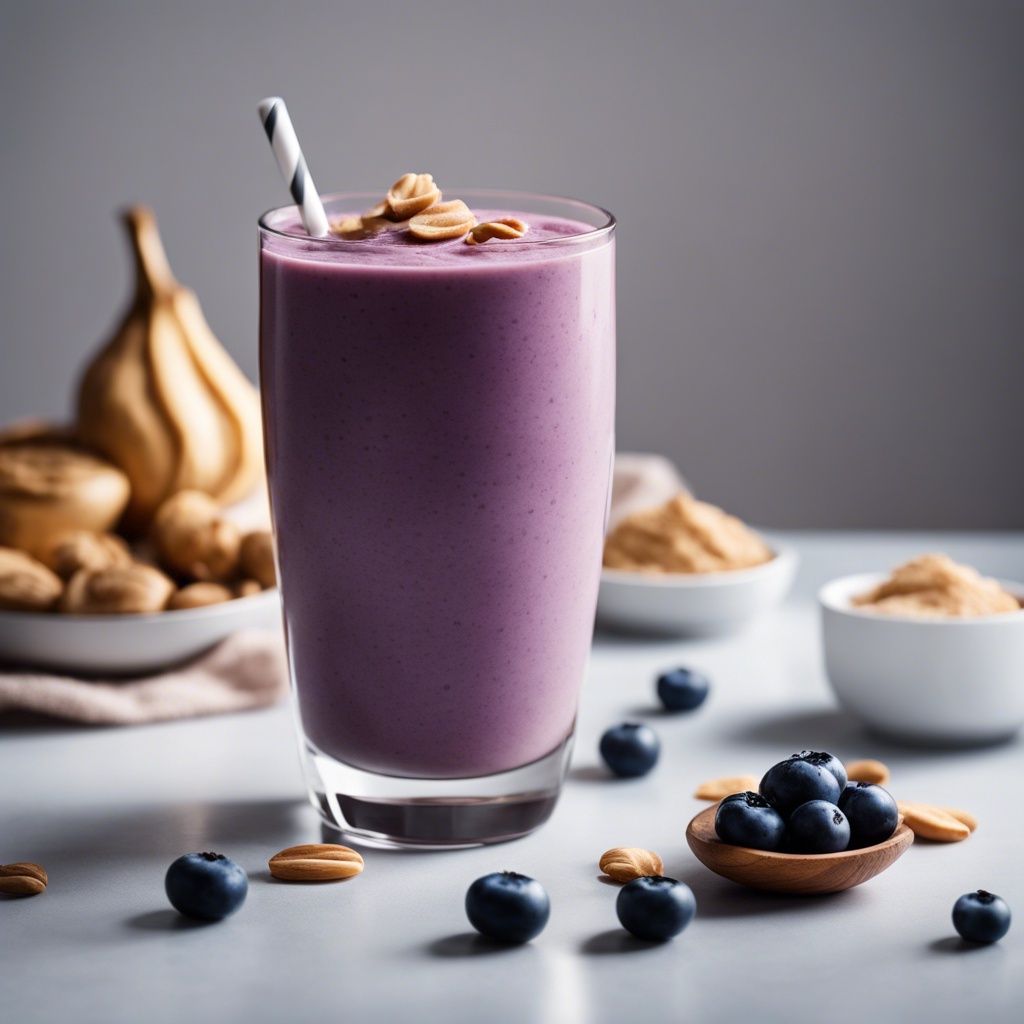 A tall glass of peanut butter blueberry smoothie topped with peanut butter and served on a wooden coaster, with almonds and blueberries scattered around and figs in the background on a grey surface.