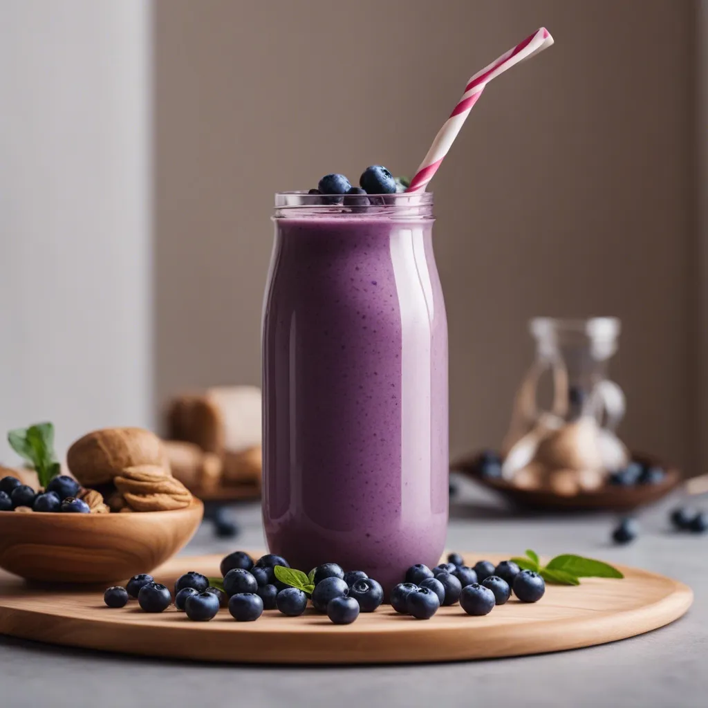 A glass bottle of peanut butter blueberry smoothie with a striped straw, surrounded by fresh blueberries on a wooden platter and almonds in the background on a beige surface.