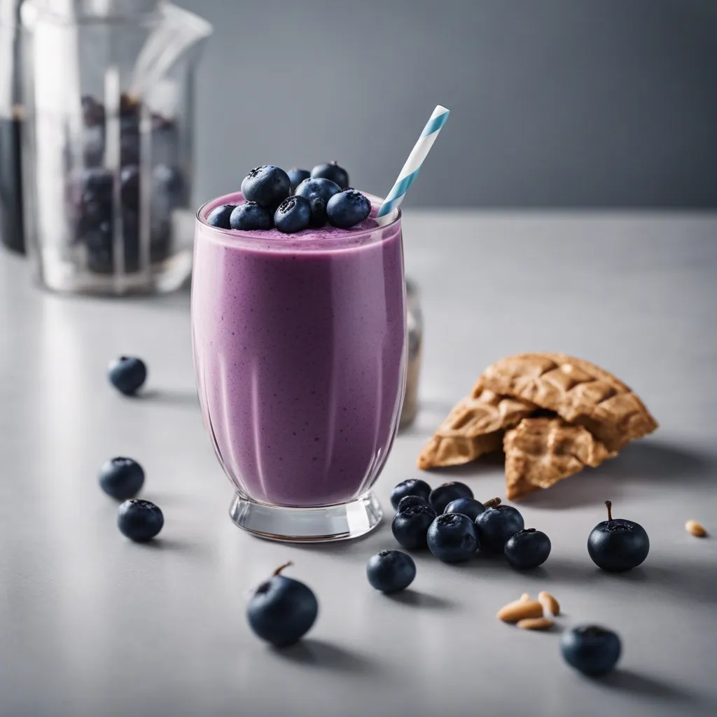 A clear glass of peanut butter blueberry smoothie topped with whole blueberries and a straw, next to waffle cookies and scattered blueberries and almonds on a grey surface.