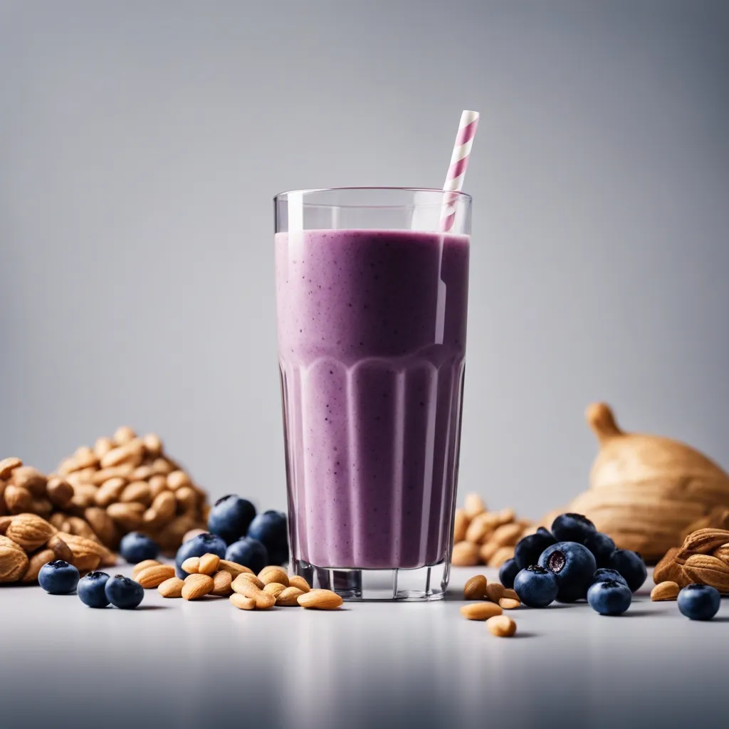 A glass of peanut butter blueberry smoothie with a striped straw, surrounded by almonds and blueberries with a fig in the background on a grey surface.