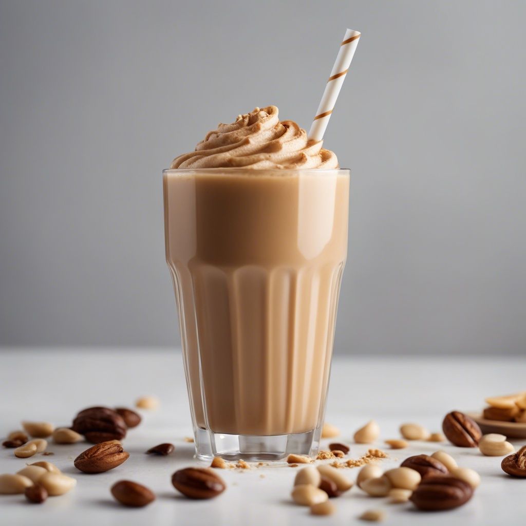 A tall glass of peanut butter coffee smoothie topped with whipped cream and a striped straw, with scattered peanuts and almonds on the table