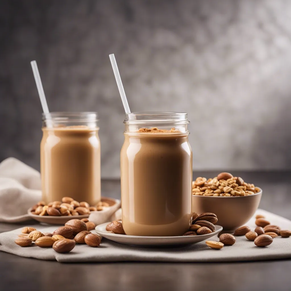 Two mason jars filled with peanut butter coffee smoothie, white straws, and topped with crushed peanuts, alongside bowls of nuts on a cloth