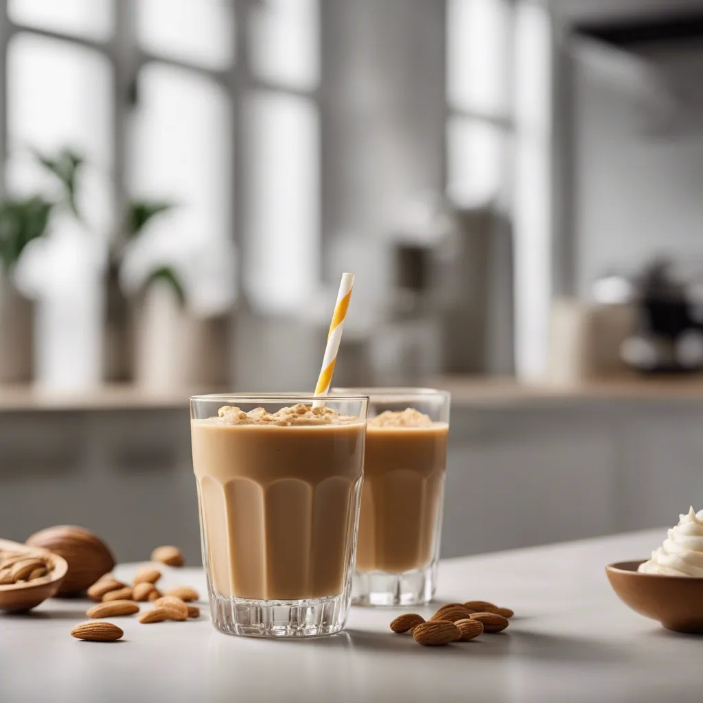 Peanut butter coffee smoothie in two glasses with a yellow striped straw, topped with peanut crumble, almonds, and peanuts on a kitchen counter