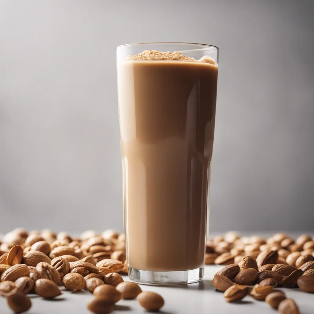 A tall glass full of peanut butter coffee smoothie, topped with peanut crumble, surrounded by an assortment of nuts on the table