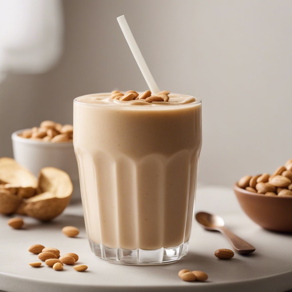 A rich peanut butter fruit smoothie in a glass, topped with whole peanuts and served with a white straw, surrounded by peanuts and peanut shells on a light grey surface