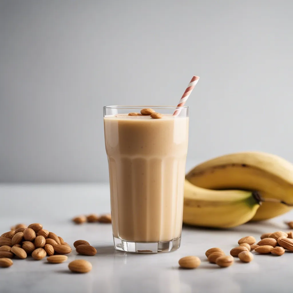 A creamy peanut butter fruit smoothie in a tall glass with a striped straw, garnished with peanuts on top, next to bananas and almonds on a light surface