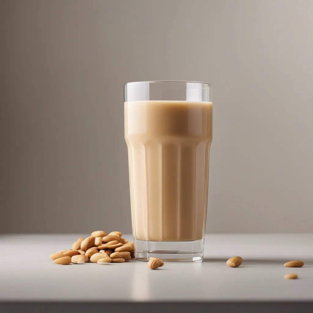 A smooth peanut butter fruit smoothie in a clear glass, sprinkled with peanuts on top, with almonds scattered around on a neutral background