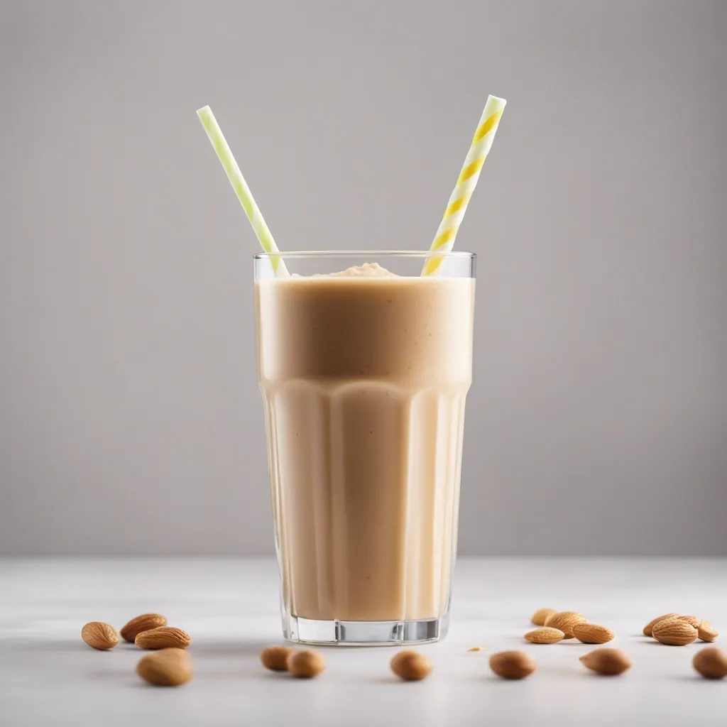 A blended peanut butter fruit smoothie in a glass with two yellow-striped straws, decorated with a dollop of peanut butter and whole peanuts, with almonds scattered on the table