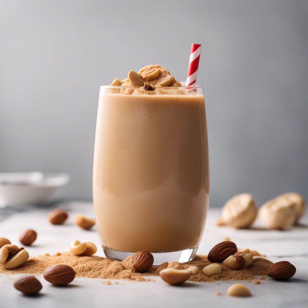 A rich and creamy Peanut Butter smoothie topped with nuts and a white and red straw in the glass. There are nuts scattered round the smoothie and it's ready to be served.