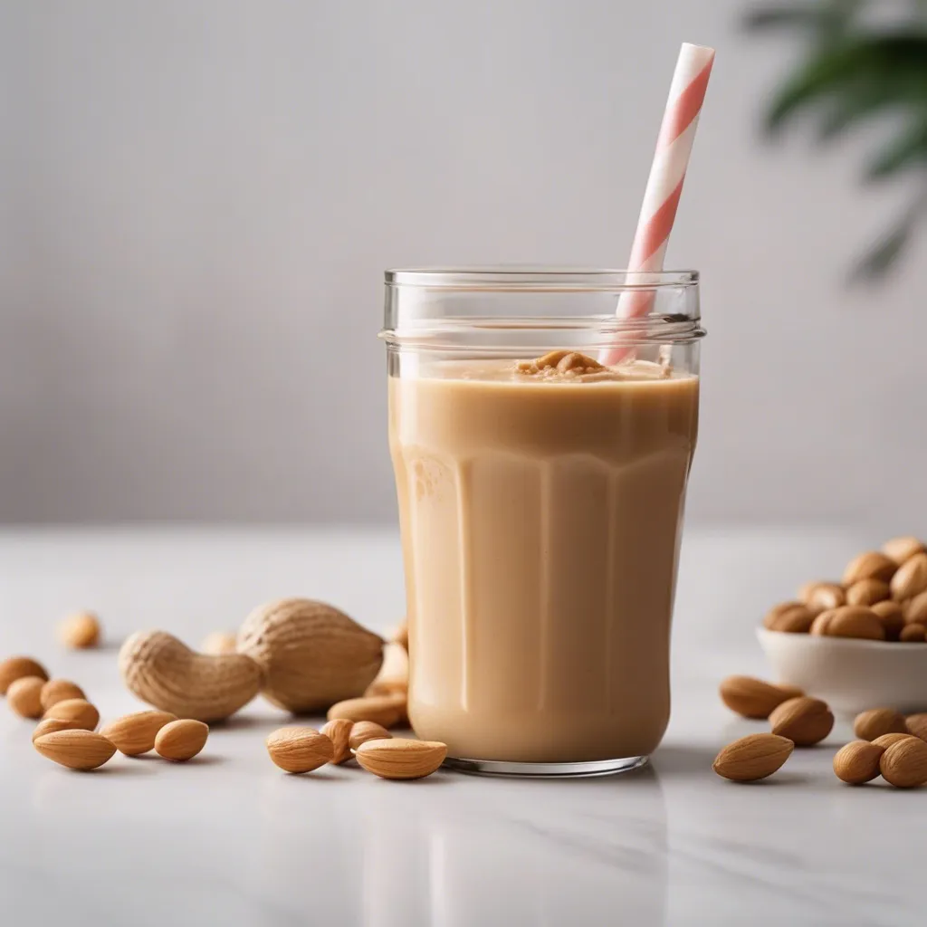 A rich and creamy Peanut Butter smoothie garnished with nuts and nuts surrounding it on a kitchen counter.