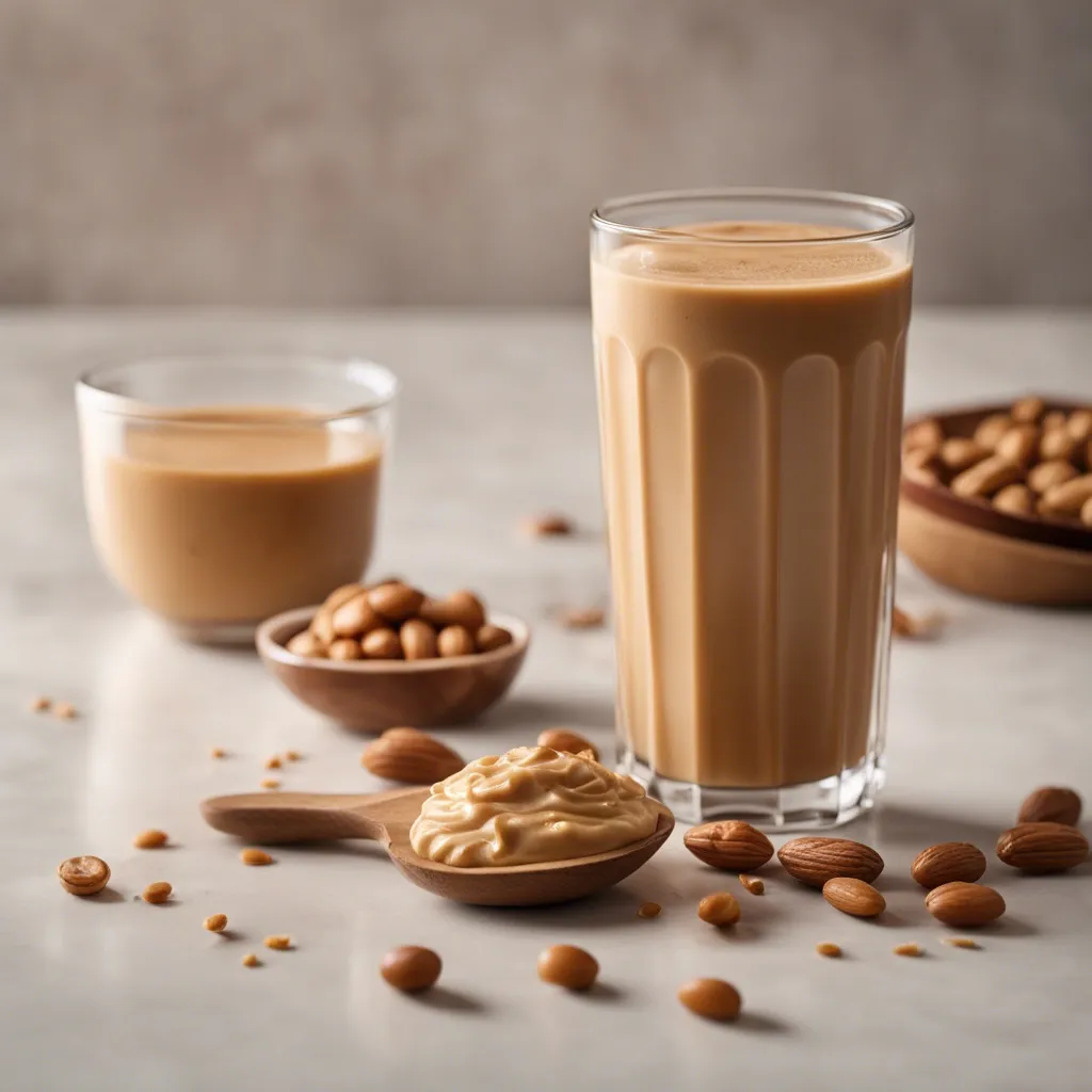 Two glasses of Peanut Butter smoothie  with a spoon full of peanut butter beside the glass in the foreground. There are multiple bowls of nuts around the smoothies and some nuts scattered on the kitchen counter.