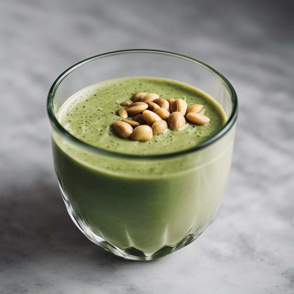 A creamy peanut butter spinach smoothie in a clear glass, topped with roasted peanuts on a marbled surface