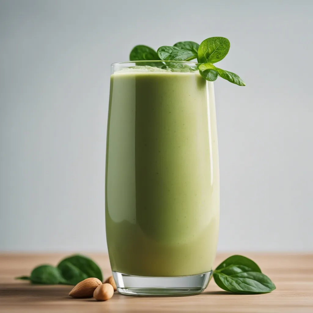 A tall glass of peanut butter spinach smoothie garnished with a spinach leaf, with peanuts and spinach leaves on a wooden table