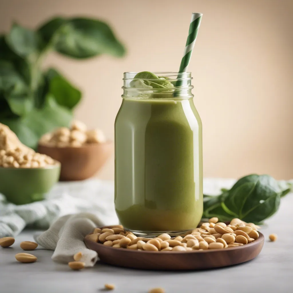 Peanut butter spinach smoothie in a mason jar with a green striped straw, surrounded by peanuts and spinach on a marble countertop