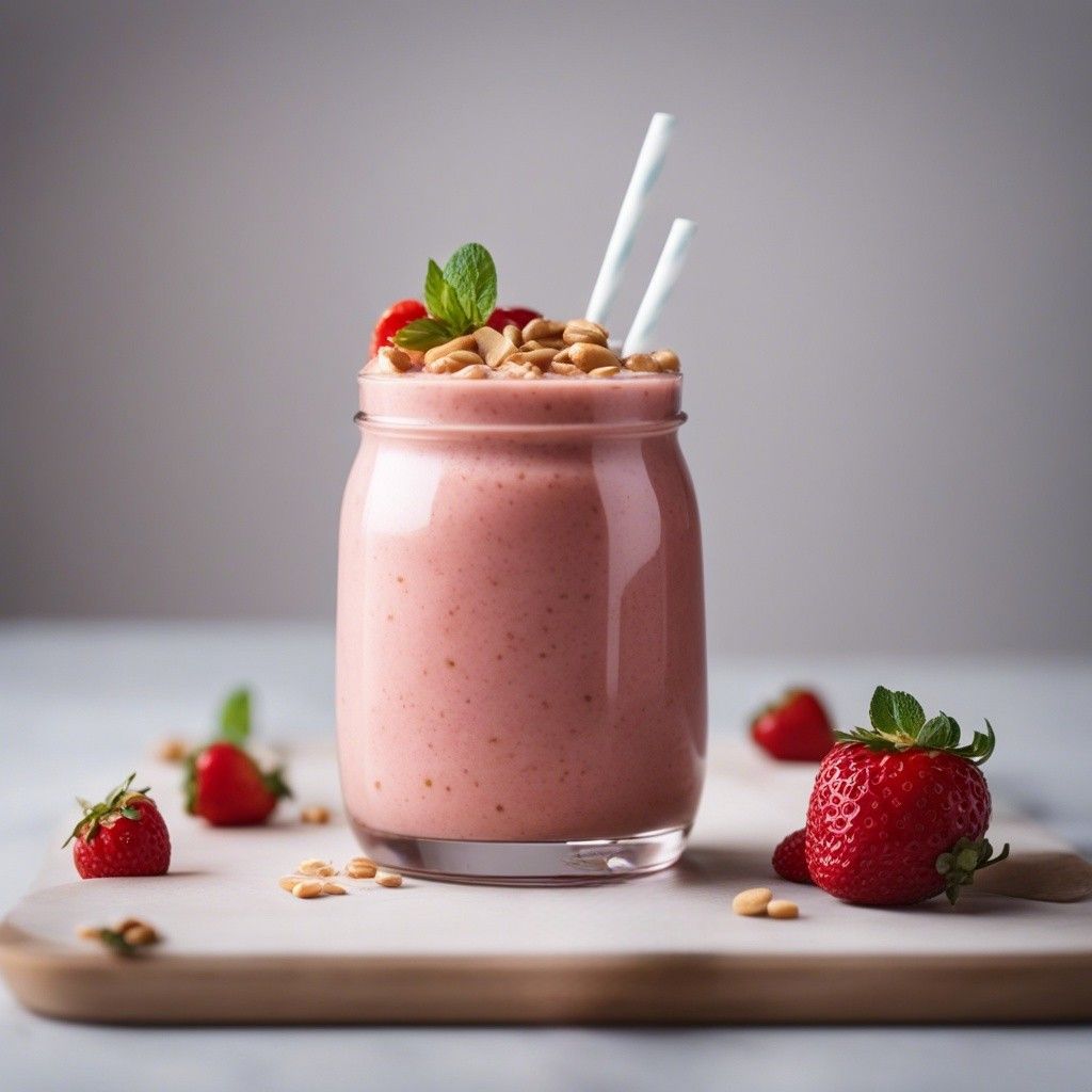 Two glasses of peanut butter strawberry smoothie topped with heaped nuts and strawberries scattered around.