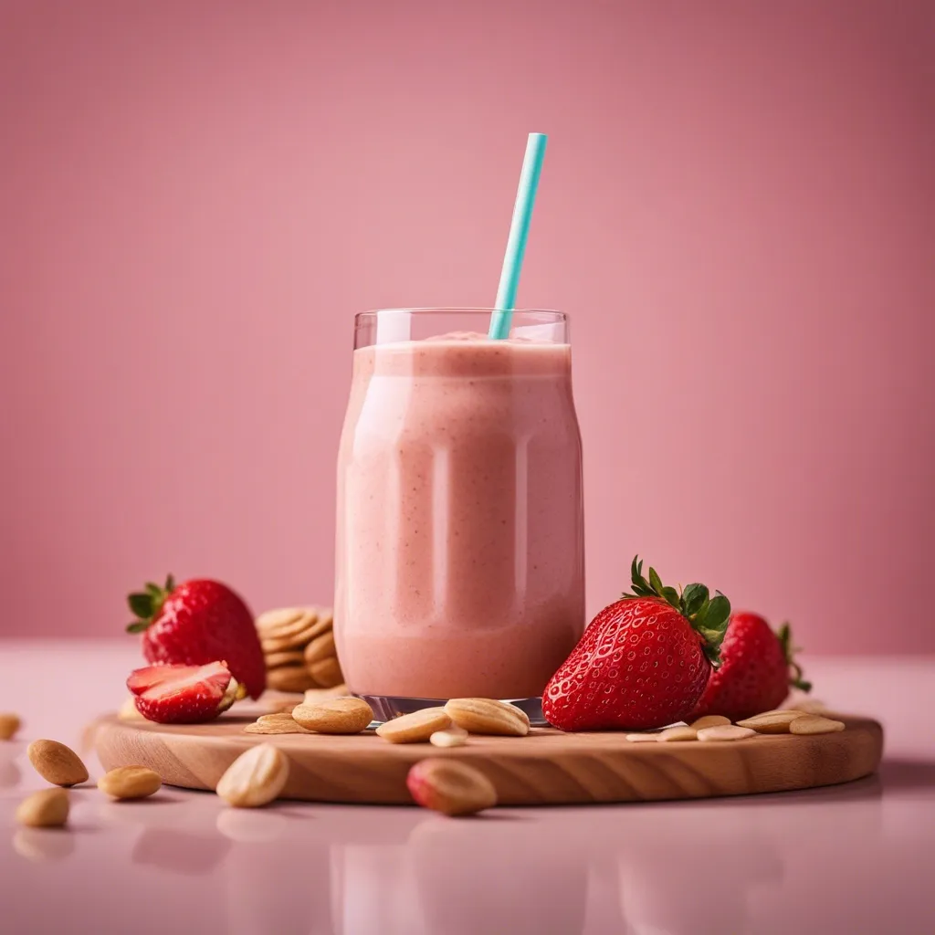 A glass of peanut butter strawberry smoothie surrounded by scattered peanuts and strawberries on a pink backdrop.