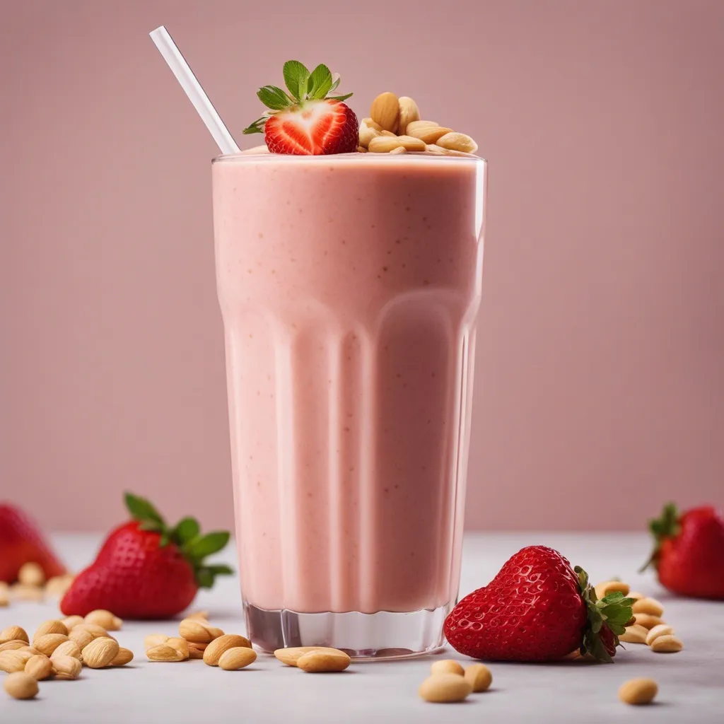 A tall glass of peanut butter strawberry smoothie topped with nuts and strawberries with more scattered around the glass.