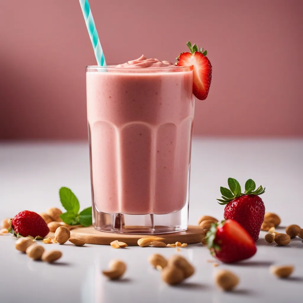 A tall glass of peanut butter strawberry smoothie garnished with a sliced strawberry.