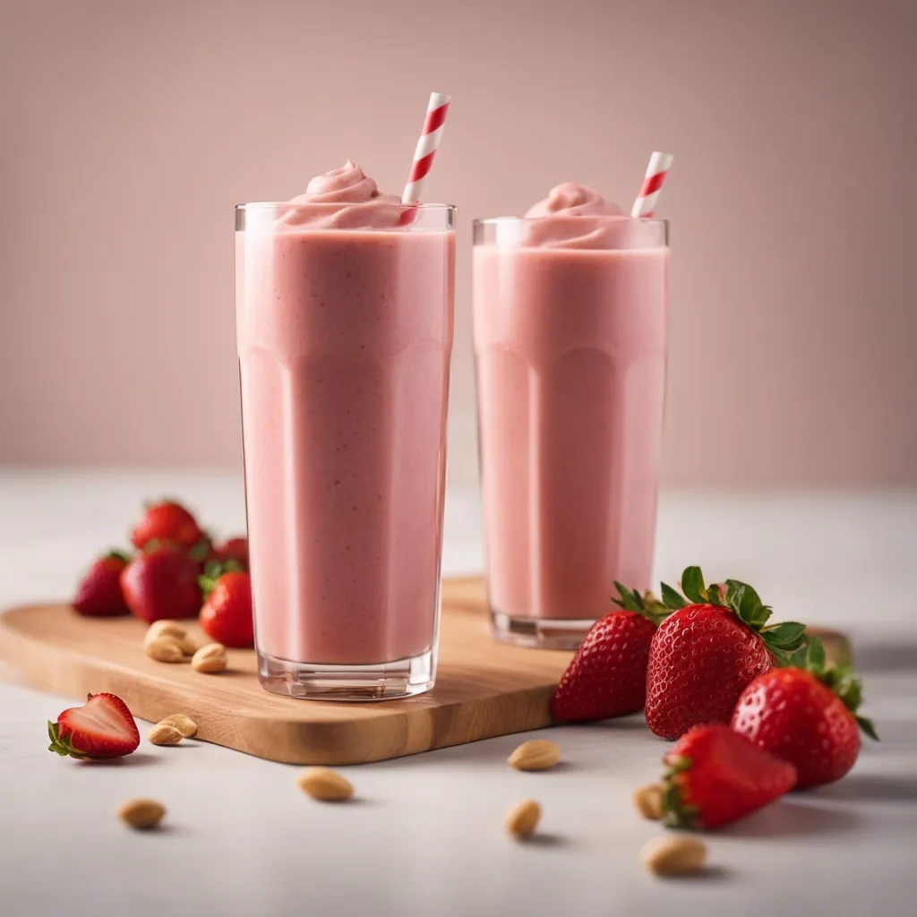 Two glasses of peanut butter strawberry smoothie with red and white straws with whole fresh strawberries around them.