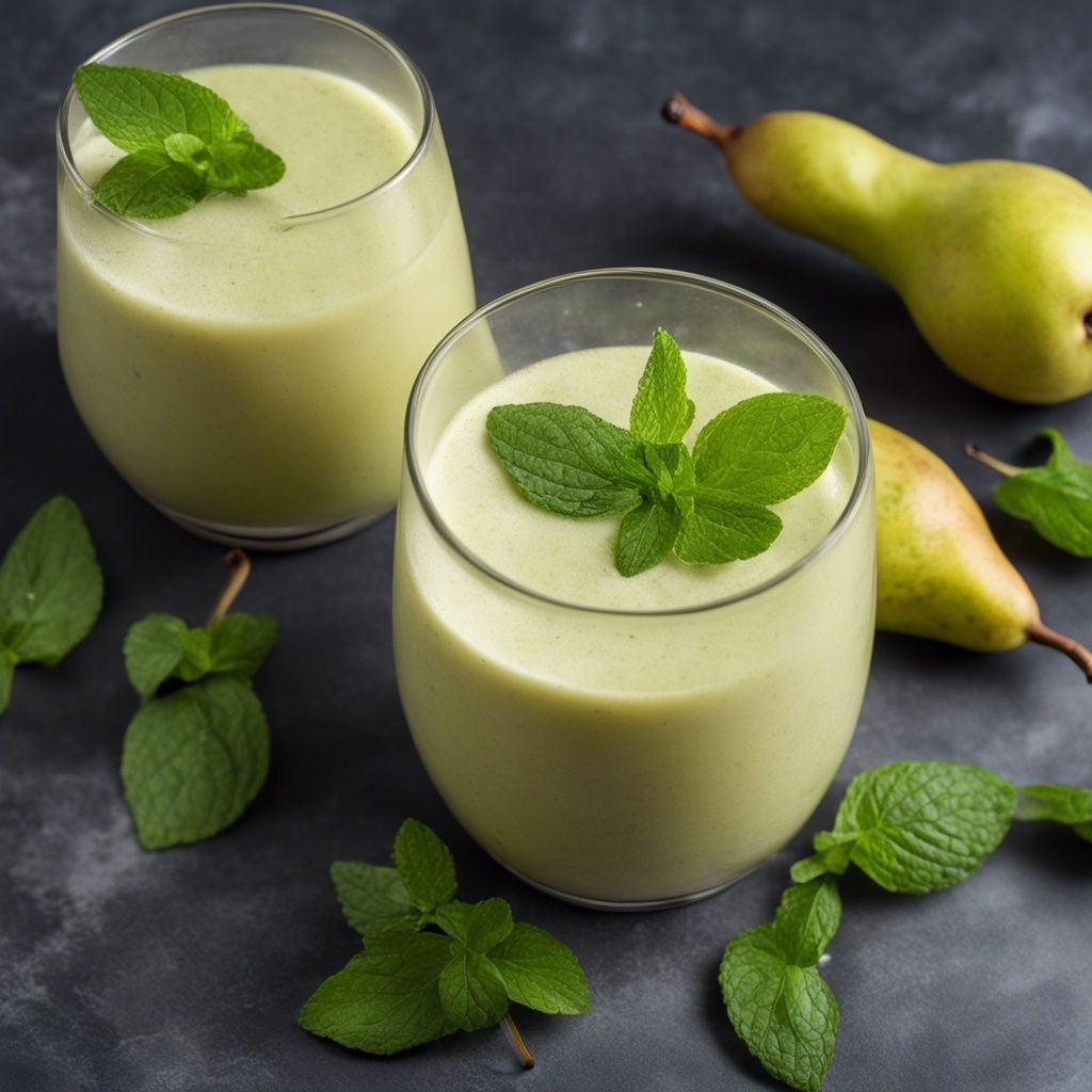 Two small glasses of Pear Smoothie garnished with fresh mint leaves. There are pears in the background and mint leaves in the foreground of the photo.
