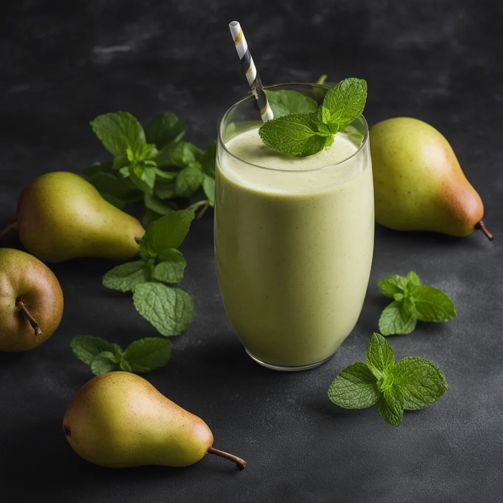 An overhead view of a glass of Pear smoothie garnished with mint leaves and a white and red straw in the glass. There are mint scattered around the glass in the photo.