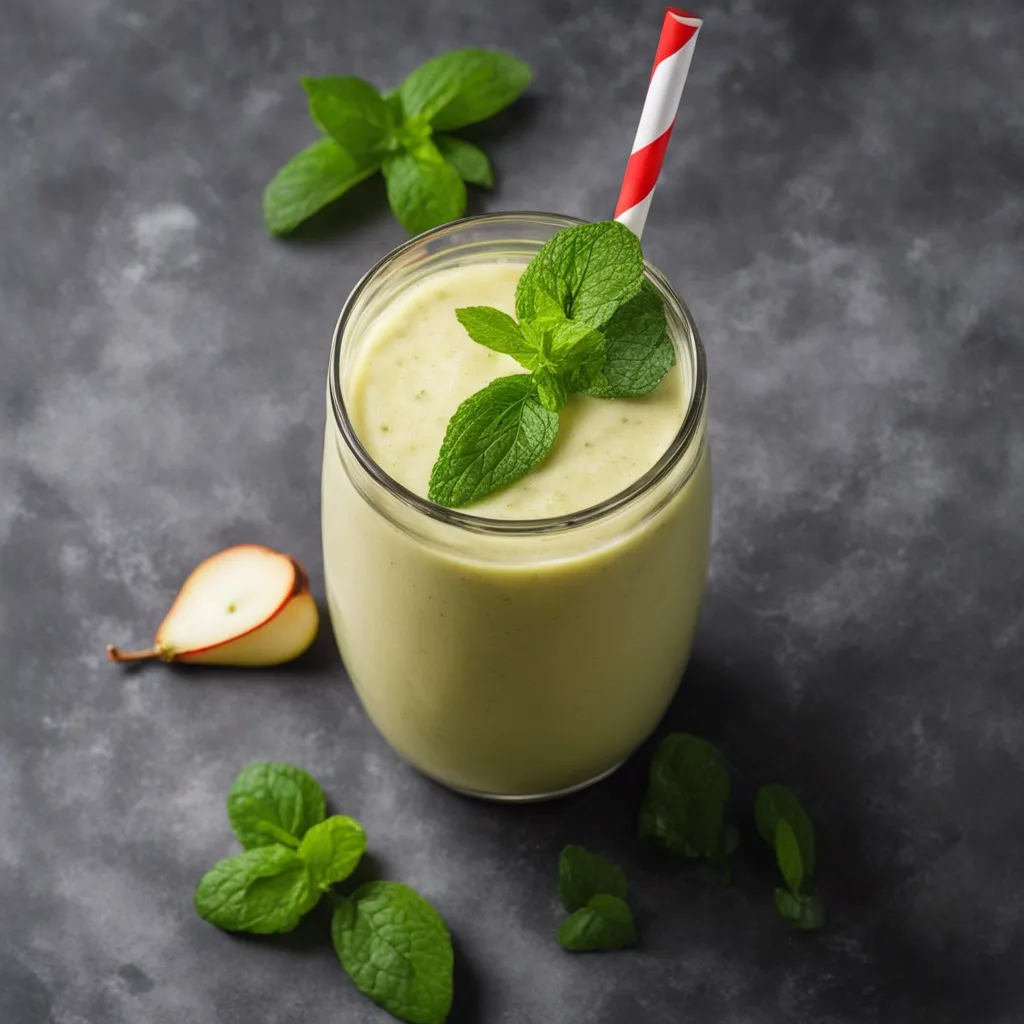 A glass of Pear smoothie garnished with mint leaves. There are whole pears and more fresh mint leaves placed around the glass.