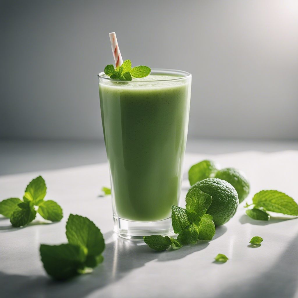 A glass of peppermint smoothie with a striped straw and fresh mint leaves on top, surrounded by more mint leaves on a light surface